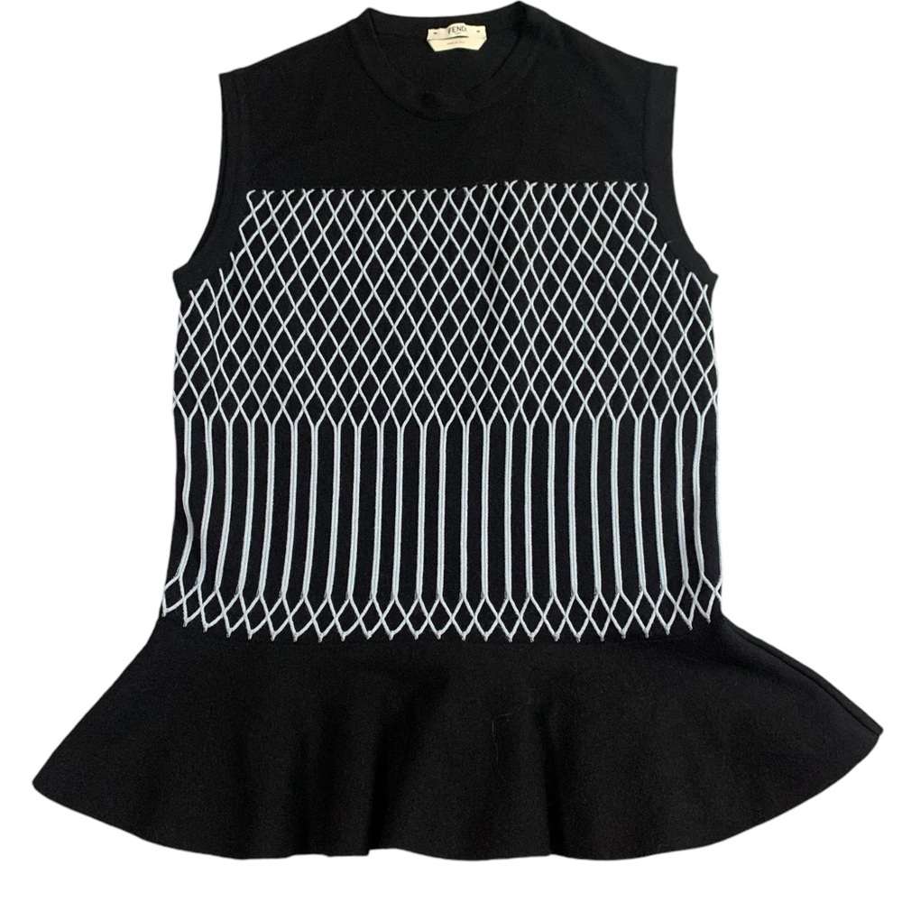 Fendi Black/Grey Geometric Grid Knit Peplum Sleeveless Top EUC!